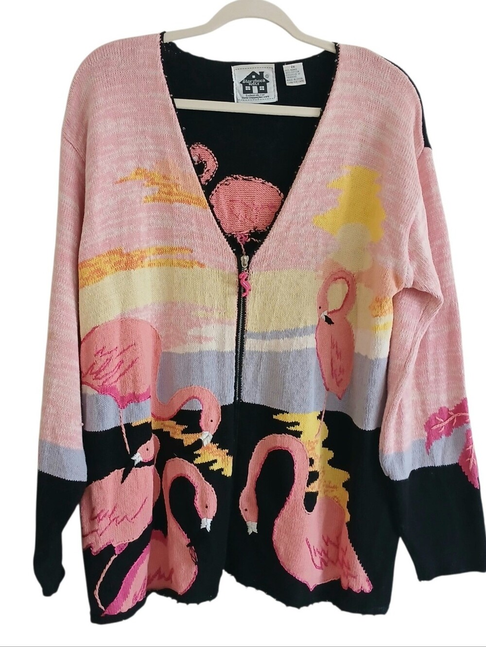 STORYBOOK KNITS Flamingo Zip Up Cardigan 2X Beaded Ramie Cotton Seascape
